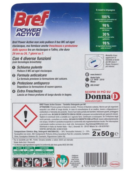Bref Wc Power Activ - 2 Tavolette Wc Deodoranti 4 Funzioni Da 50g - Oceano